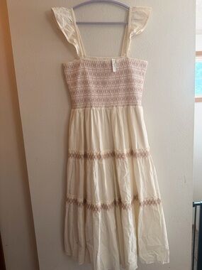 Madewell Cream Midi Dress with Blush Embroidery
